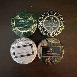 4 Voluspa Tins - Sparkling Cuvee, Temple Moss, Crisp Champagne,Noble Fir Garland